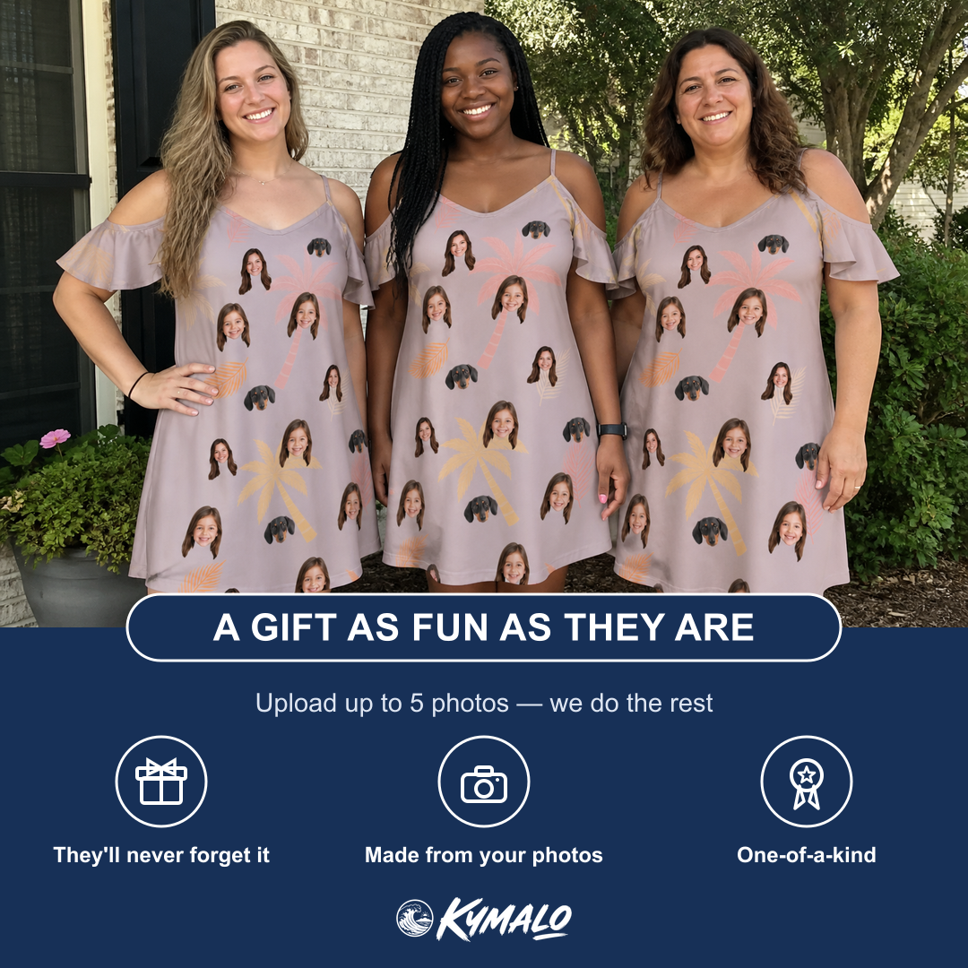Friends in matching Women's Leafy Lei Custom Face Off-Shoulder Dress — a group gift photo