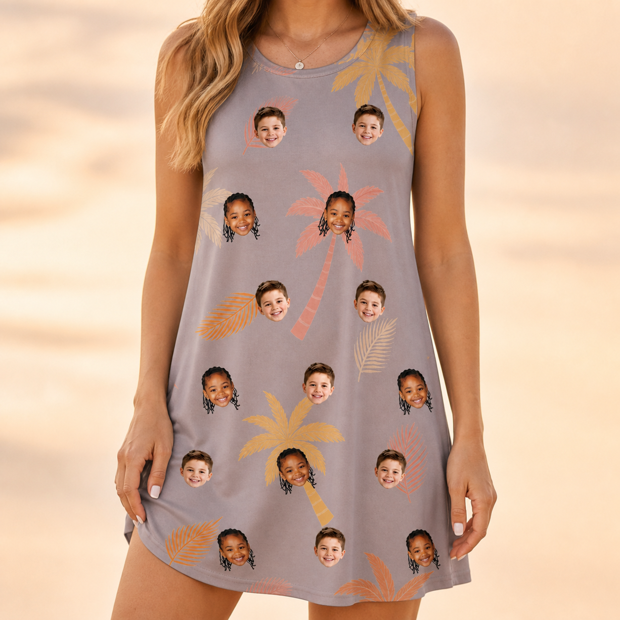 Model wearing Women's Leafy Lei Custom Face Tank Dress printed with kids' faces