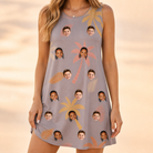 Model wearing Women's Leafy Lei Custom Face Tank Dress printed with kids' faces