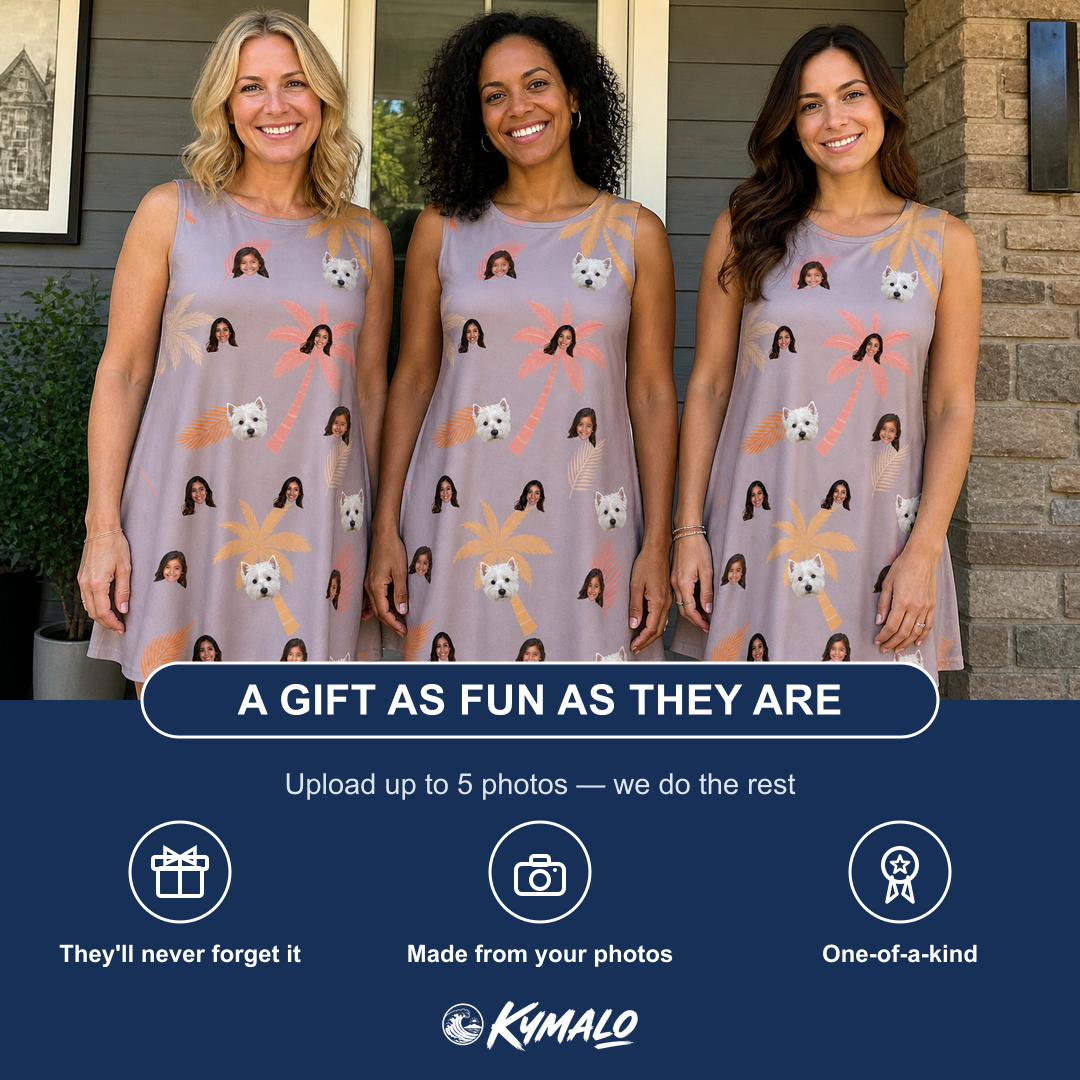 Friends in matching Women's Leafy Lei Custom Face Tank Dress — a group gift photo