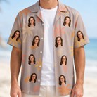Man wearing Men's Leafy Lei Custom Face Hawaiian Shirt open over a white tee