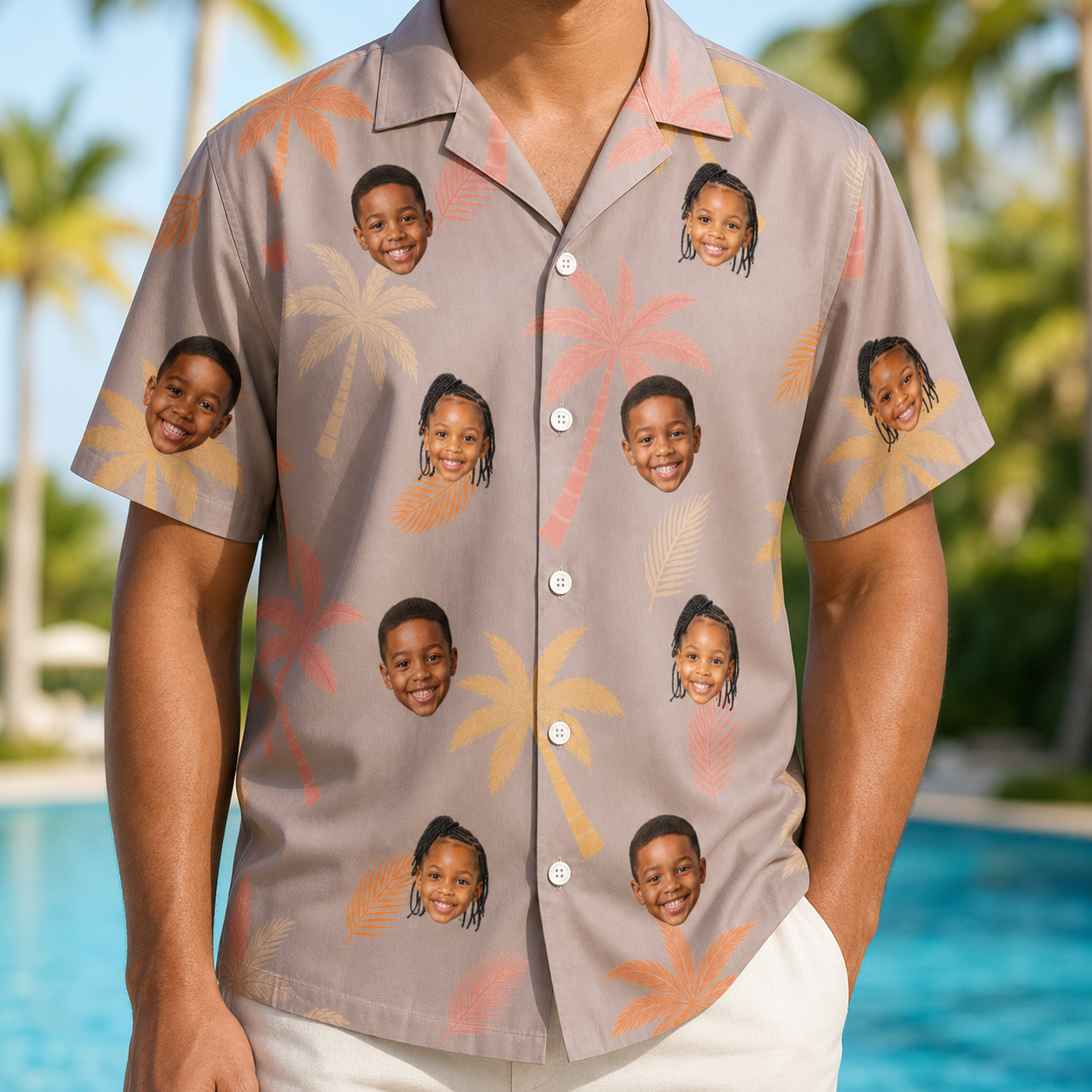 Model wearing Men's Leafy Lei Custom Face Hawaiian Shirt printed with kids' faces