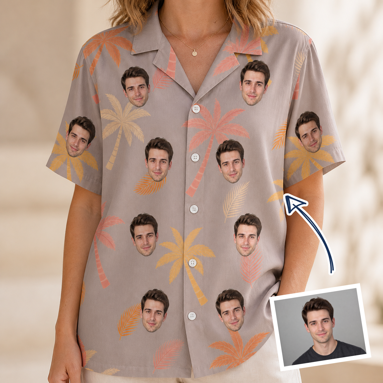 Woman wearing Women's Leafy Lei Custom Face Hawaiian Shirt — custom faces printed all-over
