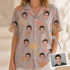 Woman wearing Women's Leafy Lei Custom Face Hawaiian Shirt — custom faces printed all-over