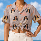Woman wearing Women's Leafy Lei Custom Face Hawaiian Shirt tied at the waist