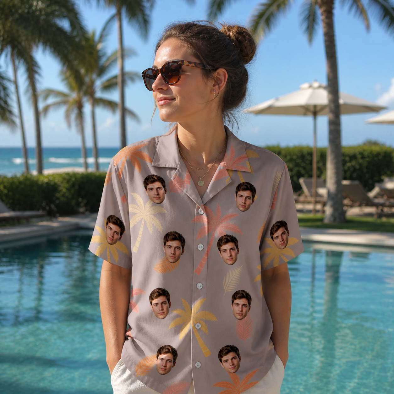 Real-life photo of someone wearing Women's Leafy Lei Custom Face Hawaiian Shirt — custom faces printed all-over