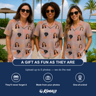 Friends in matching Women's Leafy Lei Custom Face Hawaiian Shirt — a group gift photo