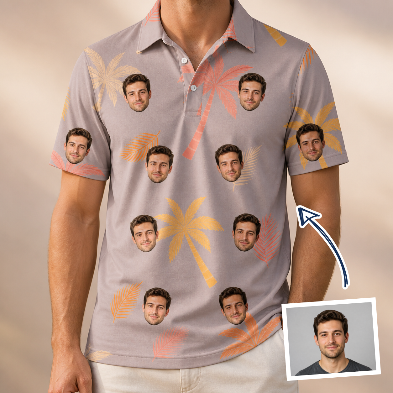 Man wearing Men's Leafy Lei Custom Face Polo Shirt — custom faces printed all-over