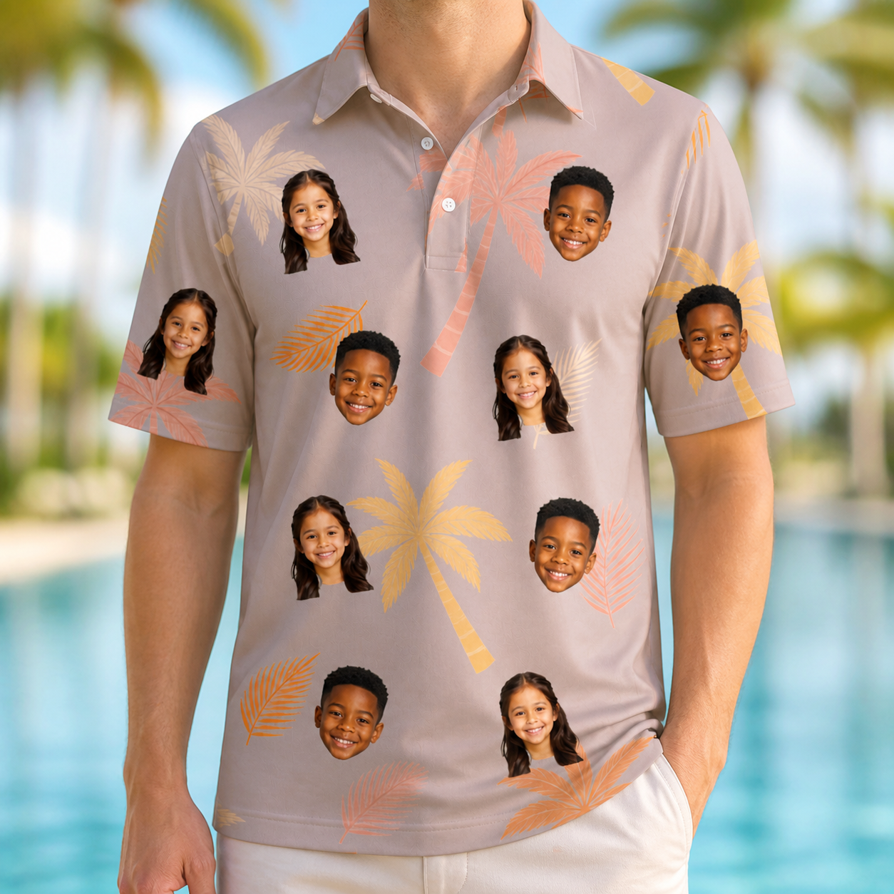 Model wearing Men's Leafy Lei Custom Face Polo Shirt printed with kids' faces