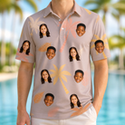 Model wearing Men's Leafy Lei Custom Face Polo Shirt printed with kids' faces