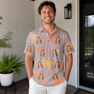 Real-life photo of someone wearing Men's Leafy Lei Custom Face Polo Shirt — custom faces printed all-over