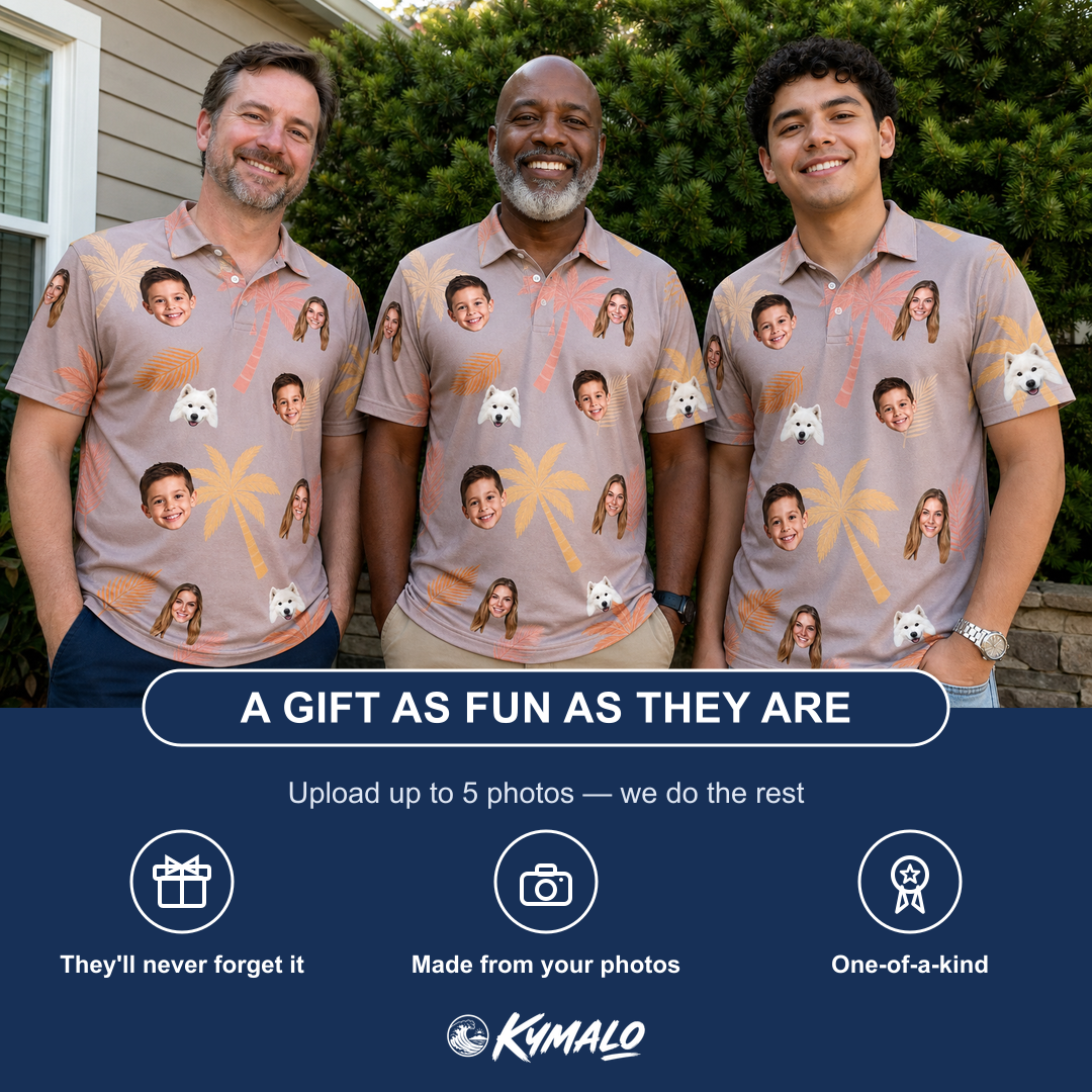 Friends in matching Men's Leafy Lei Custom Face Polo Shirt — a group gift photo