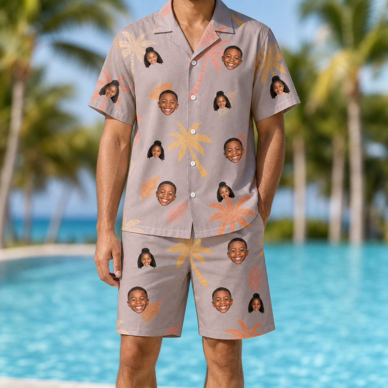 Model wearing Men's Leafy Lei Custom Face Shirt & Shorts Set printed with kids' faces