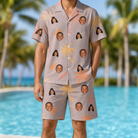 Model wearing Men's Leafy Lei Custom Face Shirt & Shorts Set printed with kids' faces
