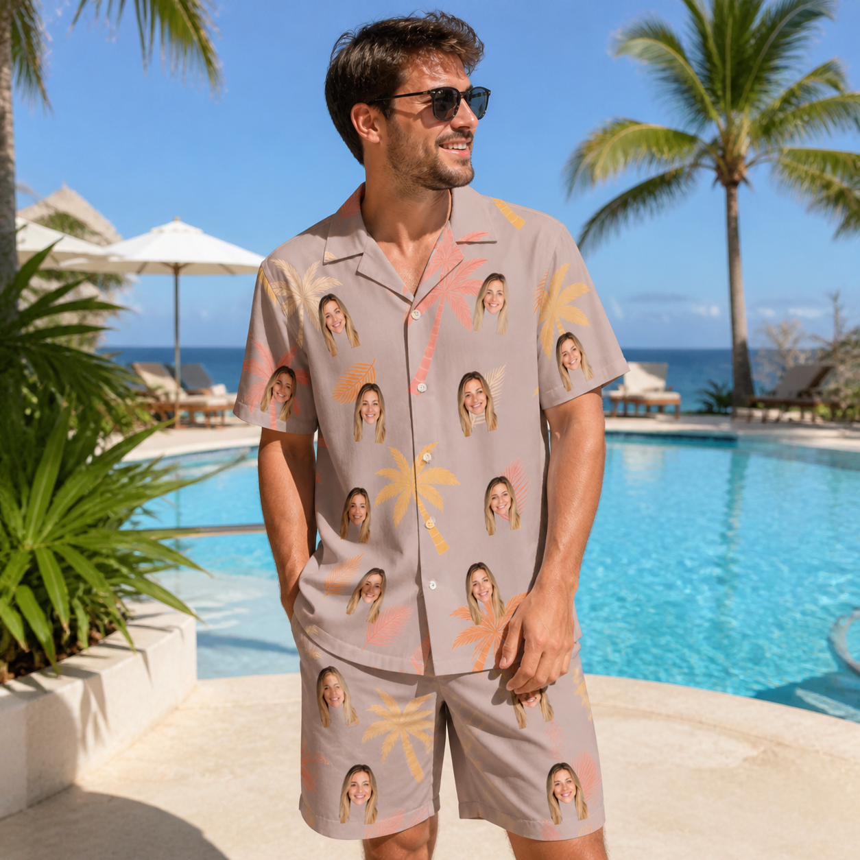 Real-life photo of someone wearing Men's Leafy Lei Custom Face Shirt & Shorts Set — custom faces printed all-over
