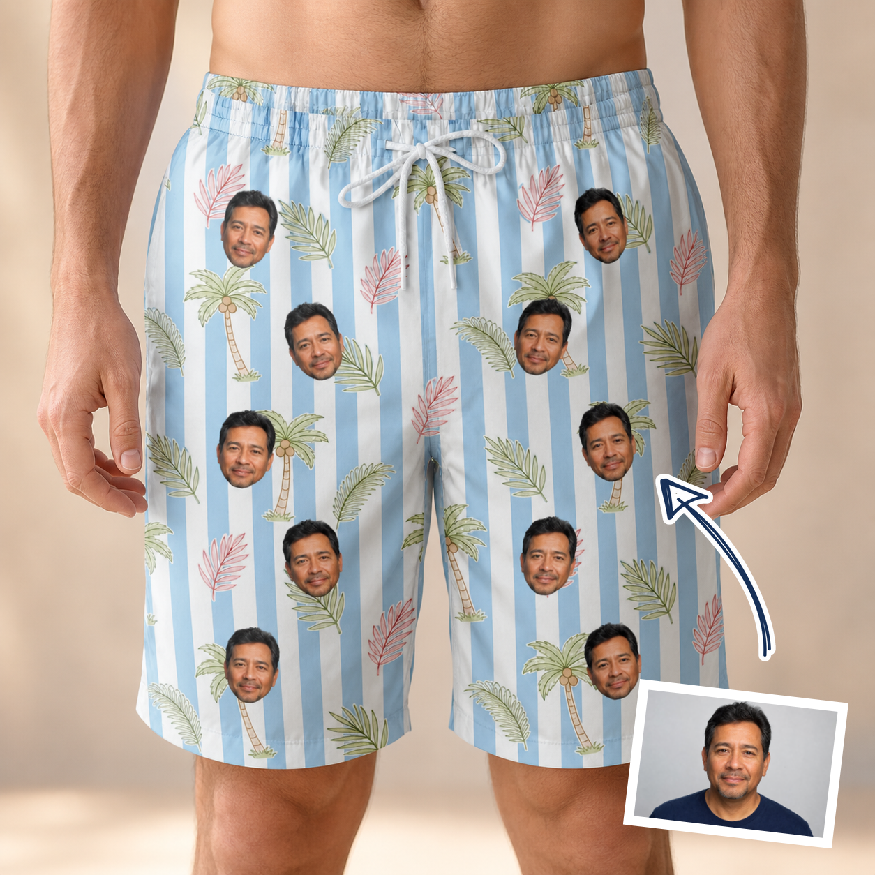 Man wearing Men's Frond Fandango Custom Face Beach Shorts — custom faces printed all-over