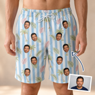 Man wearing Men's Frond Fandango Custom Face Beach Shorts — custom faces printed all-over