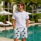 Real-life photo of someone wearing Men's Frond Fandango Custom Face Beach Shorts — custom faces printed all-over