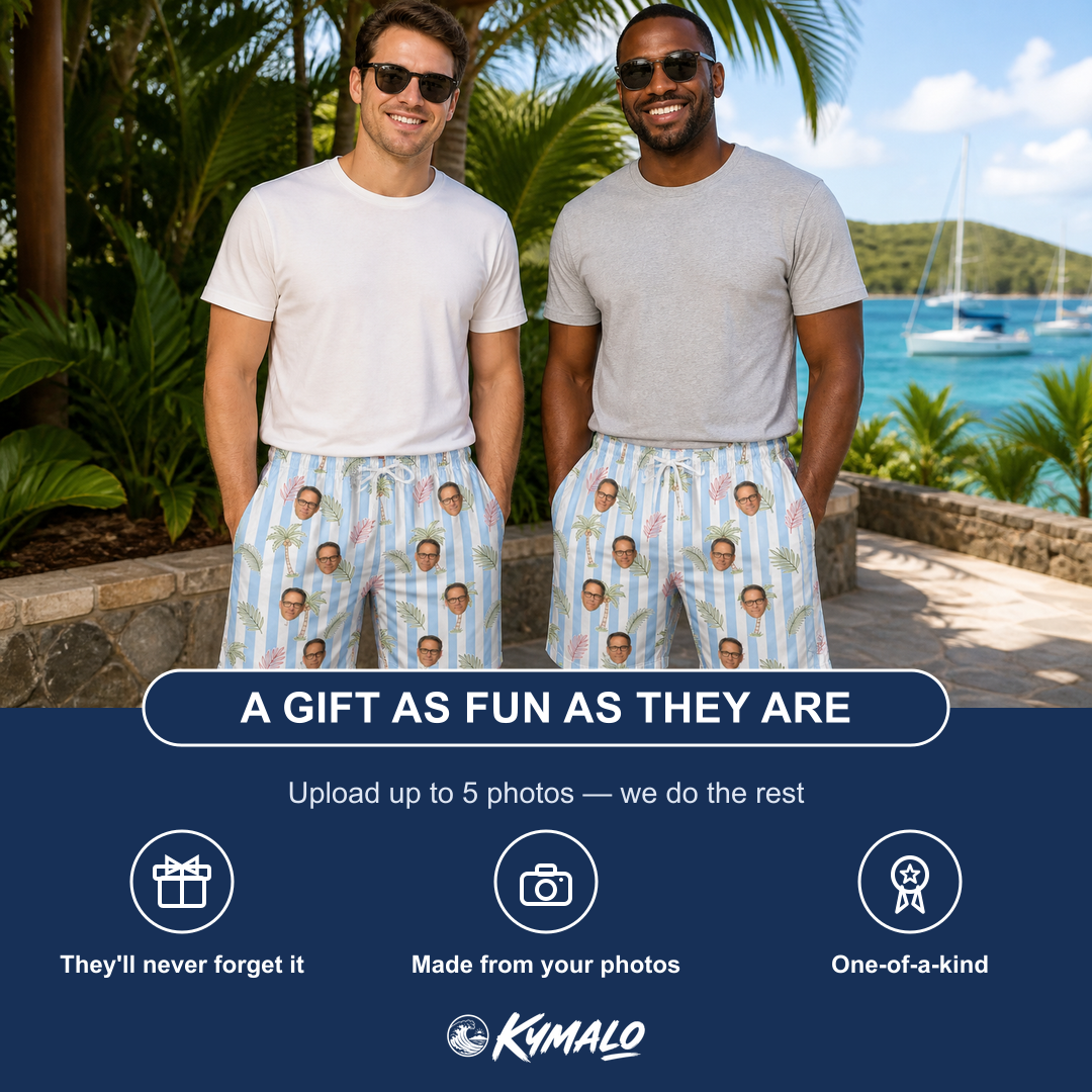 Friends in matching Men's Frond Fandango Custom Face Beach Shorts — a group gift photo