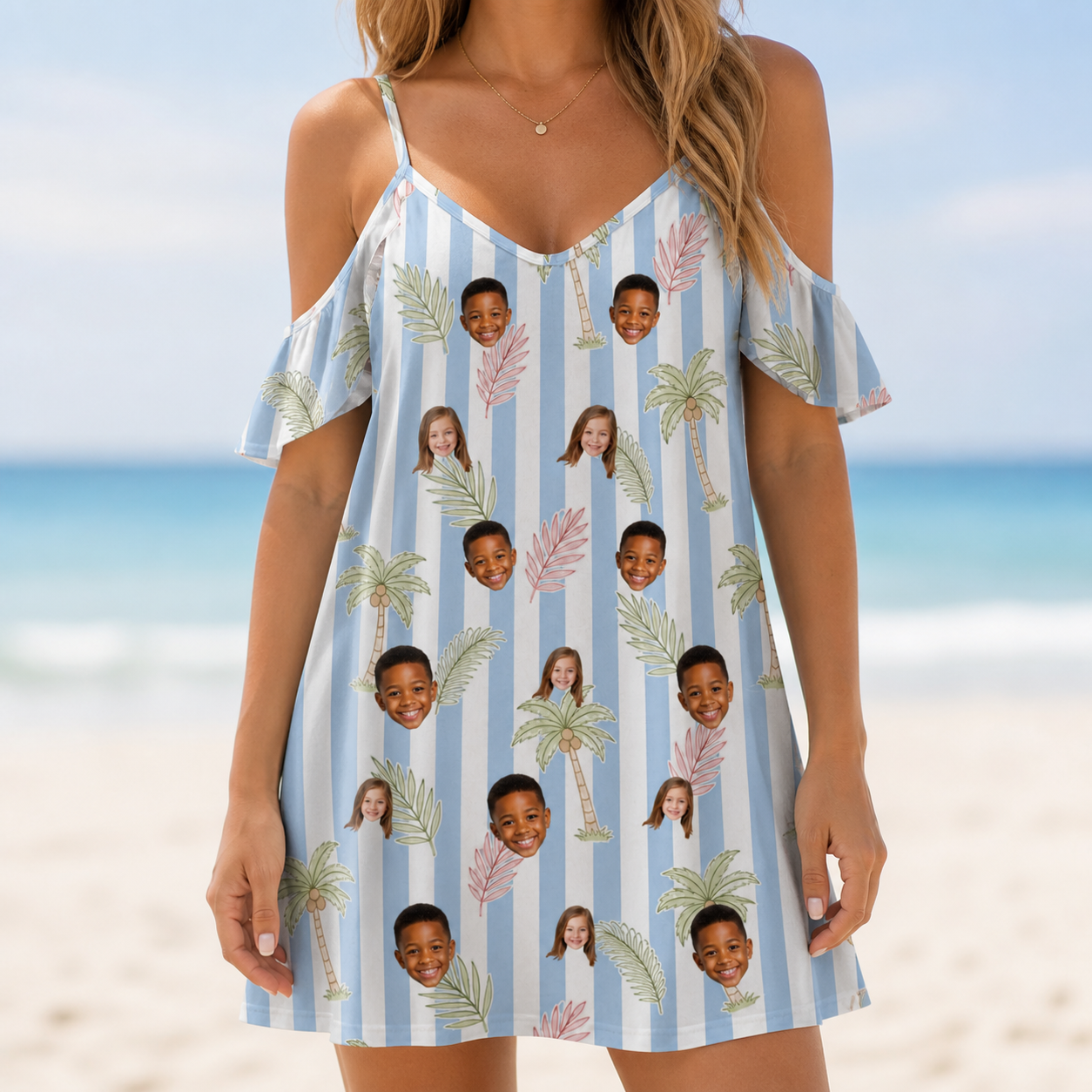 Model wearing Women's Frond Fandango Custom Face Off-Shoulder Dress printed with kids' faces