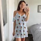 Real-life photo of someone wearing Women's Frond Fandango Custom Face Off-Shoulder Dress — custom faces printed all-over