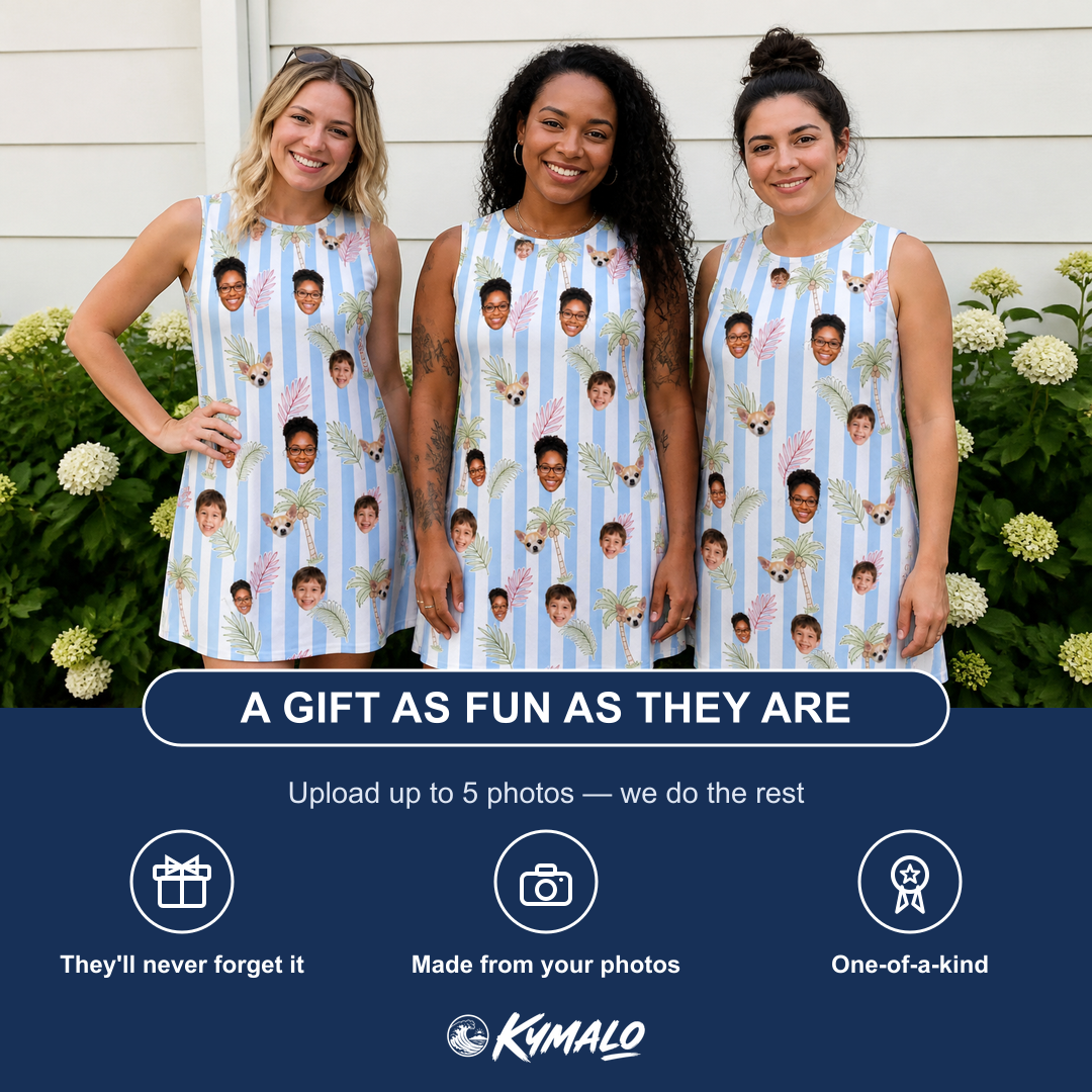 Friends in matching Women's Frond Fandango Custom Face Tank Dress — a group gift photo