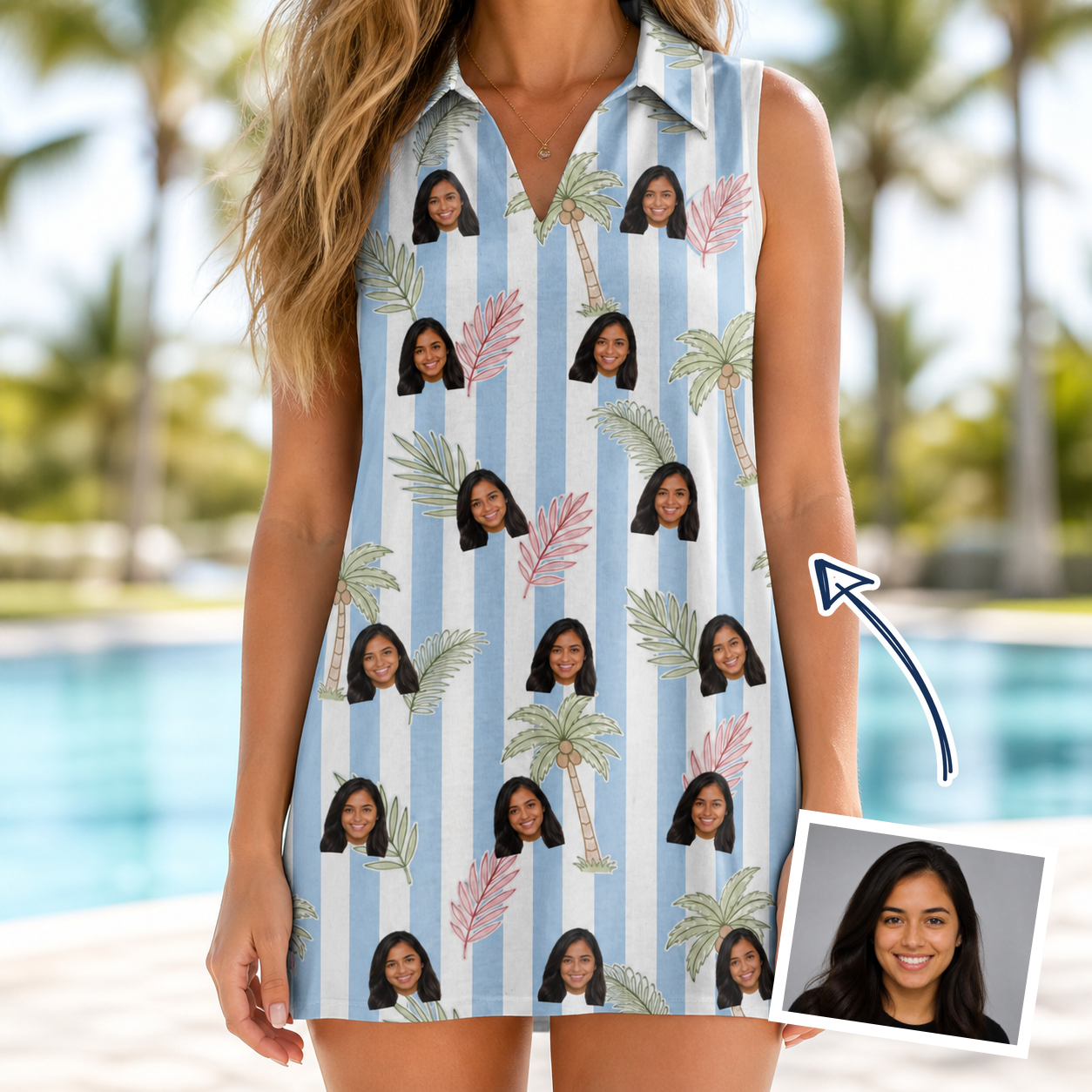 Woman wearing Women's Frond Fandango Custom Face V-Neck Dress — custom faces printed all-over