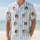 Model wearing Men's Frond Fandango Custom Face Hawaiian Shirt printed with kids' faces