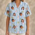 Model wearing Women's Frond Fandango Custom Face Hawaiian Shirt printed with kids' faces