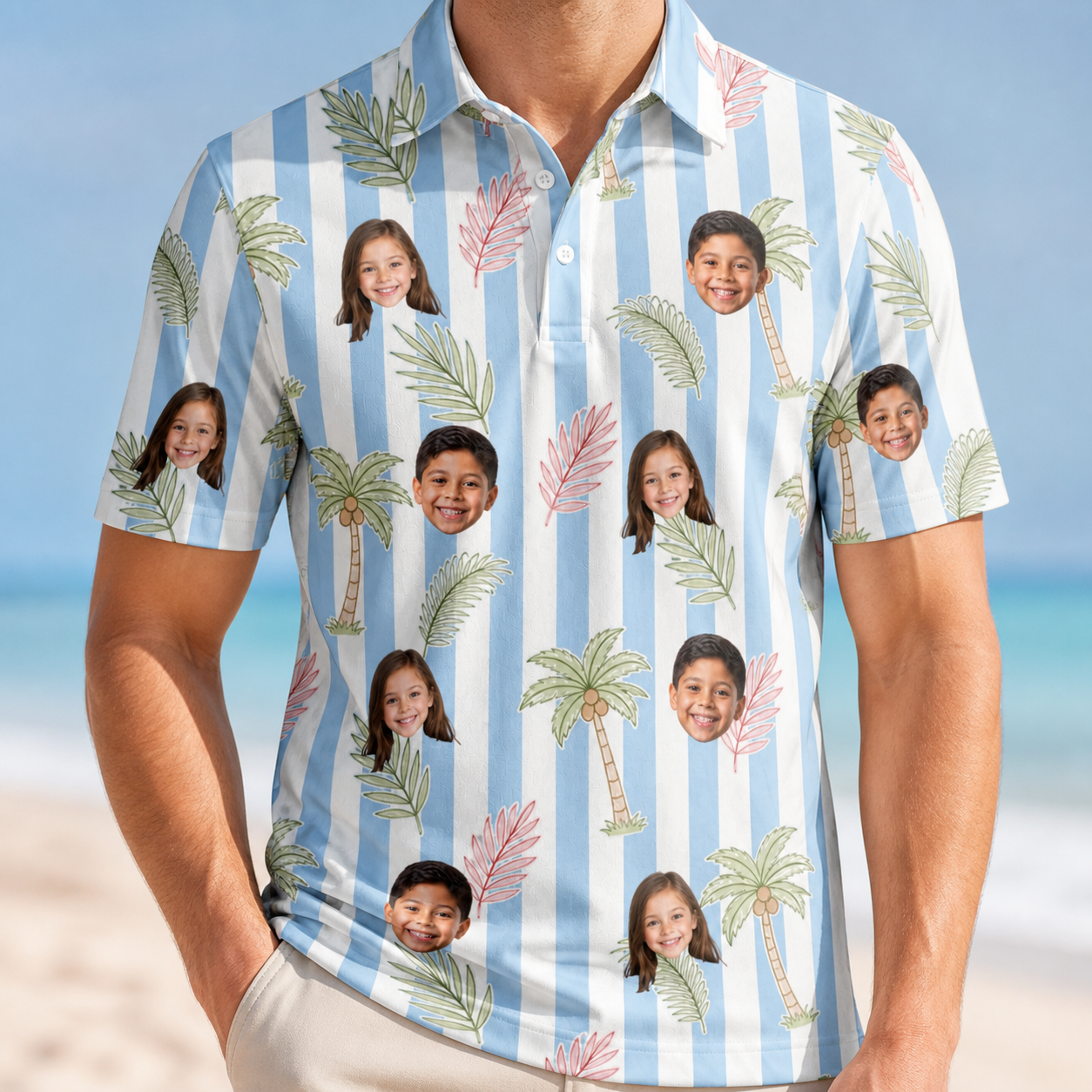 Model wearing Men's Frond Fandango Custom Face Polo Shirt printed with kids' faces