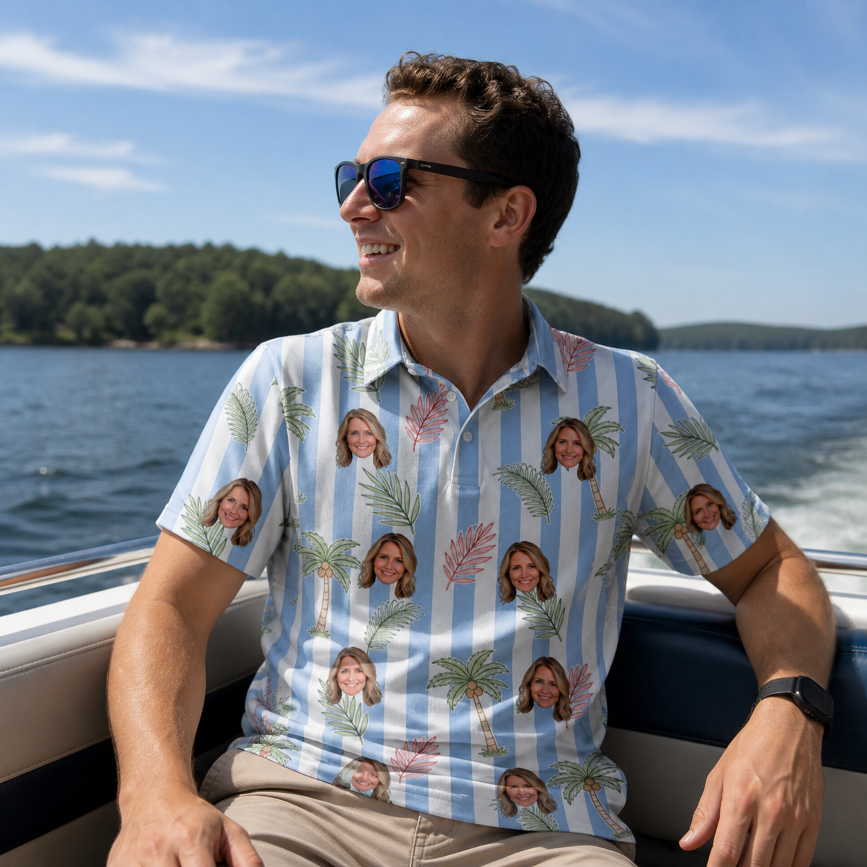 Real-life photo of someone wearing Men's Frond Fandango Custom Face Polo Shirt — custom faces printed all-over
