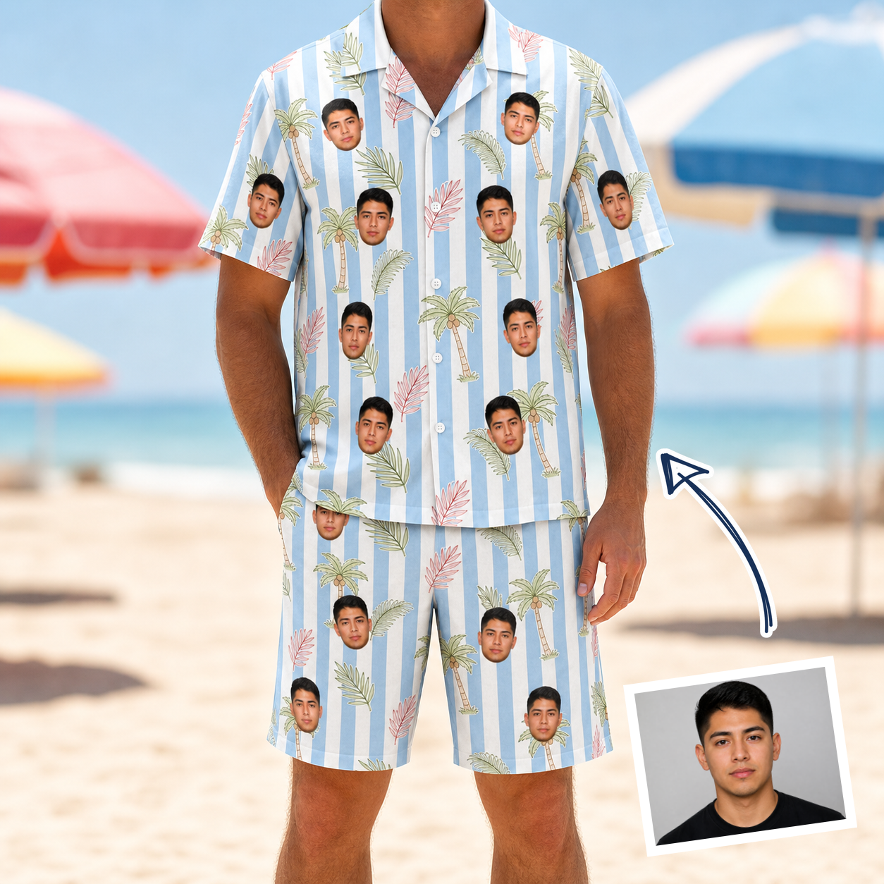 Man wearing Men's Frond Fandango Custom Face Shirt & Shorts Set — custom faces printed all-over