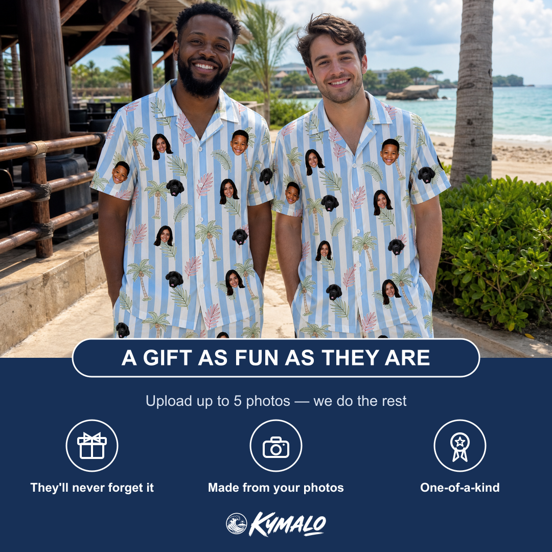 Friends in matching Men's Frond Fandango Custom Face Shirt & Shorts Set — a group gift photo
