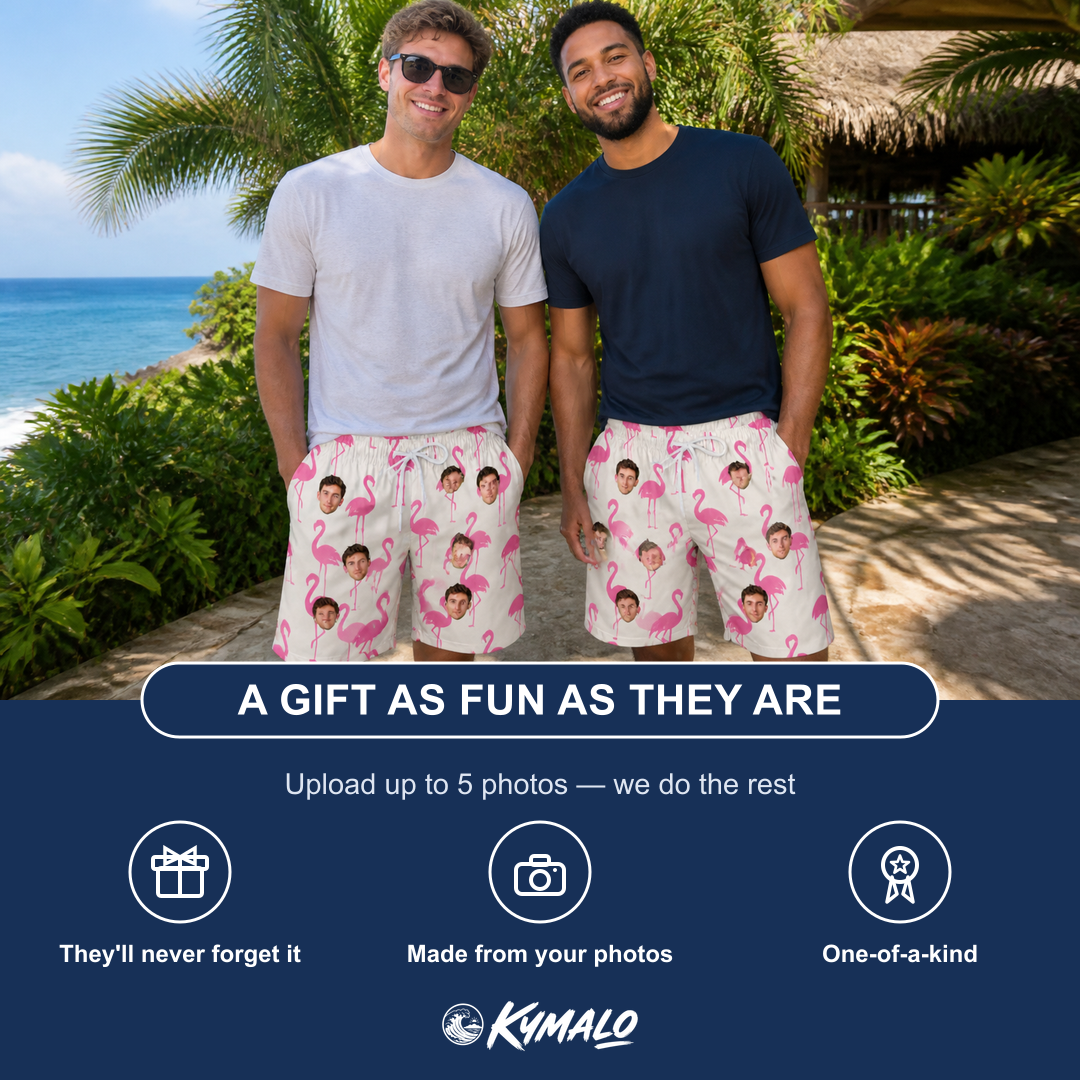 Friends in matching Men's Bubblegum Ballerinas Custom Face Beach Shorts — a group gift photo