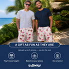 Friends in matching Men's Bubblegum Ballerinas Custom Face Beach Shorts — a group gift photo