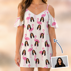 Woman wearing Women's Bubblegum Ballerinas Custom Face Off-Shoulder Dress — custom faces printed all-over