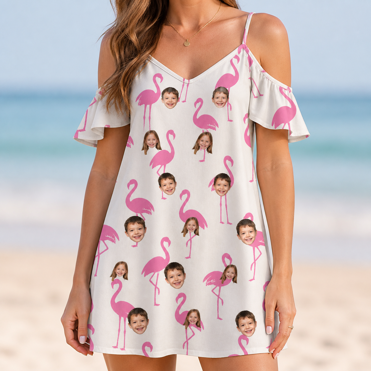 Model wearing Women's Bubblegum Ballerinas Custom Face Off-Shoulder Dress printed with kids' faces