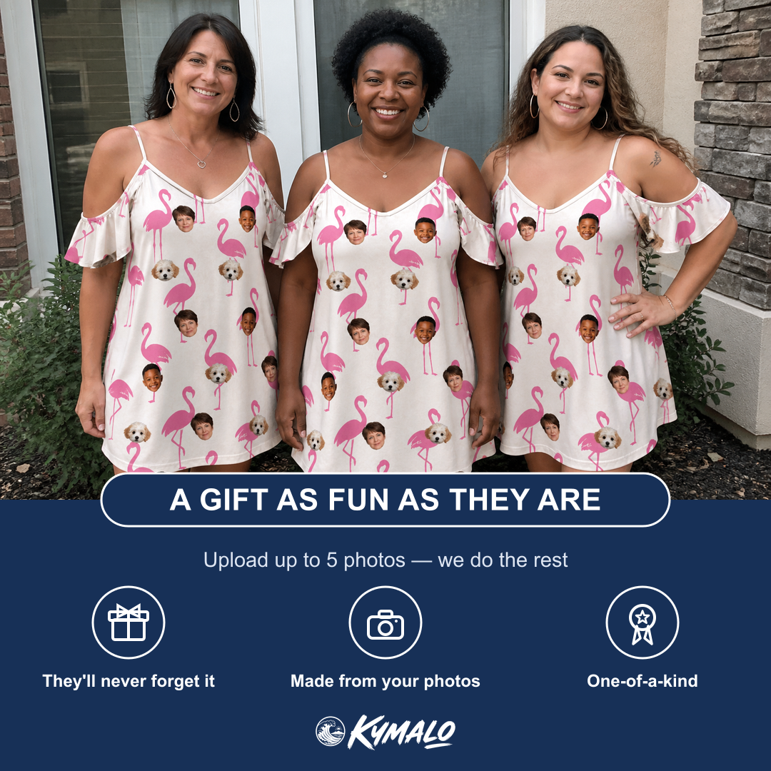 Friends in matching Women's Bubblegum Ballerinas Custom Face Off-Shoulder Dress — a group gift photo