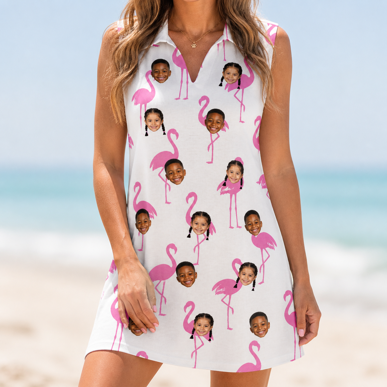 Model wearing Women's Bubblegum Ballerinas Custom Face V-Neck Dress printed with kids' faces