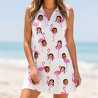 Model wearing Women's Bubblegum Ballerinas Custom Face V-Neck Dress printed with kids' faces