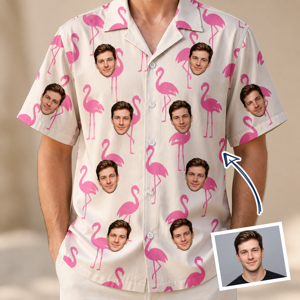 Man wearing Men's Bubblegum Ballerinas Custom Face Hawaiian Shirt — custom faces printed all-over