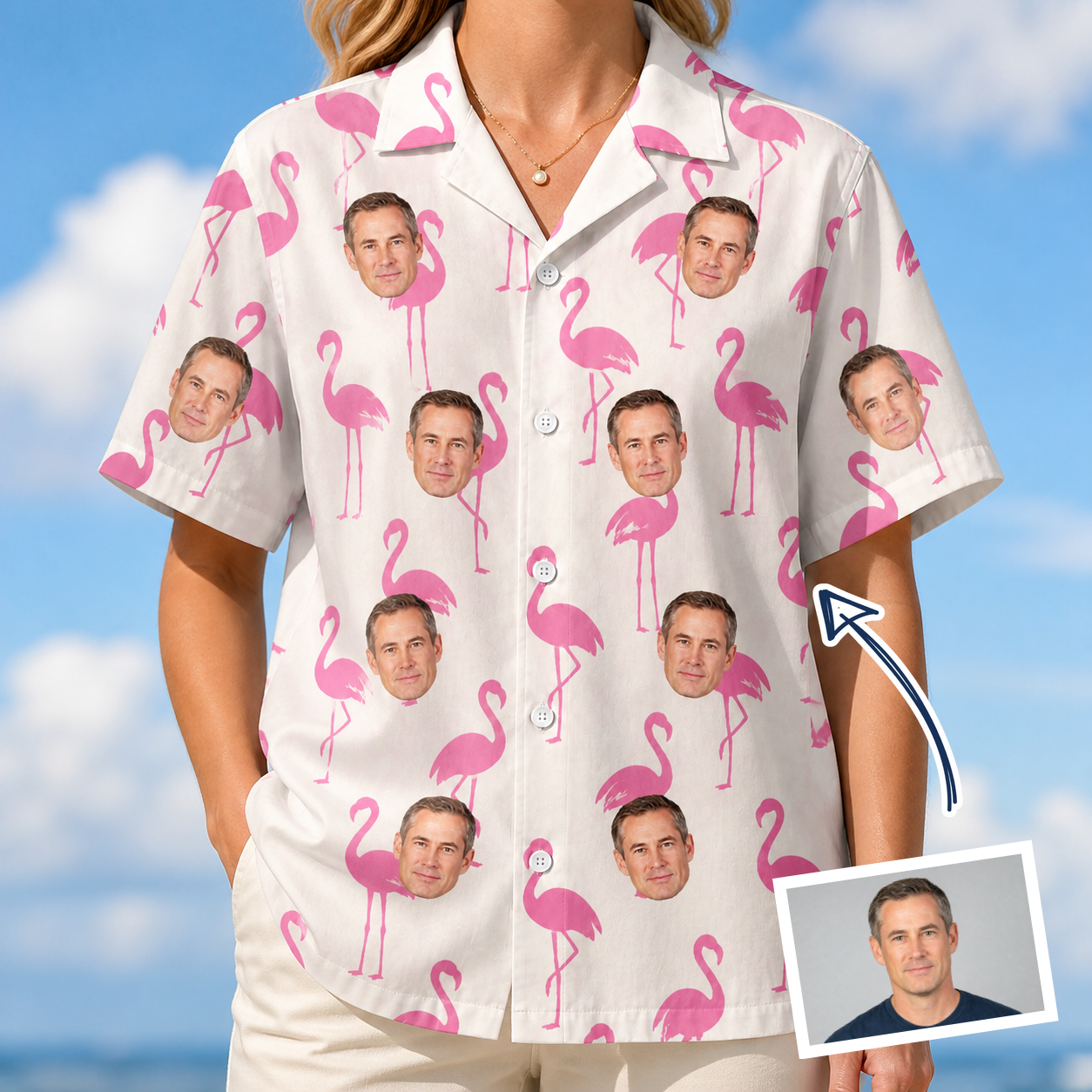 Woman wearing Women's Bubblegum Ballerinas Custom Face Hawaiian Shirt — custom faces printed all-over