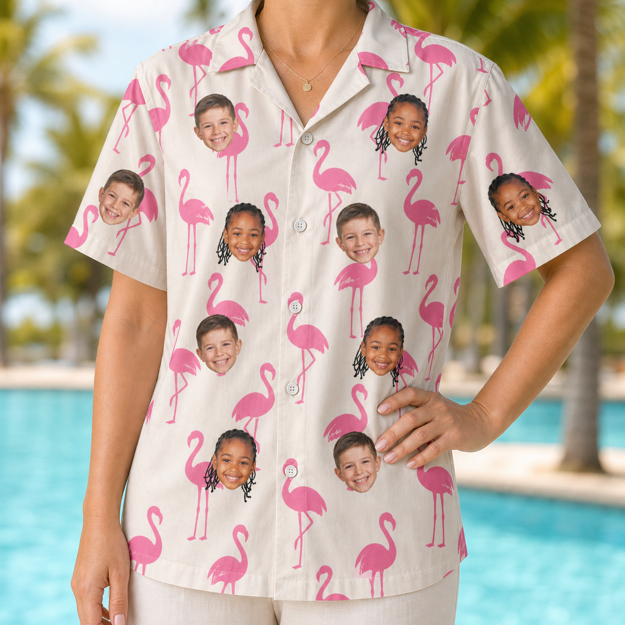 Model wearing Women's Bubblegum Ballerinas Custom Face Hawaiian Shirt printed with kids' faces
