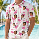 Model wearing Men's Bubblegum Ballerinas Custom Face Polo Shirt printed with kids' faces