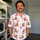 Real-life photo of someone wearing Men's Bubblegum Ballerinas Custom Face Polo Shirt — custom faces printed all-over