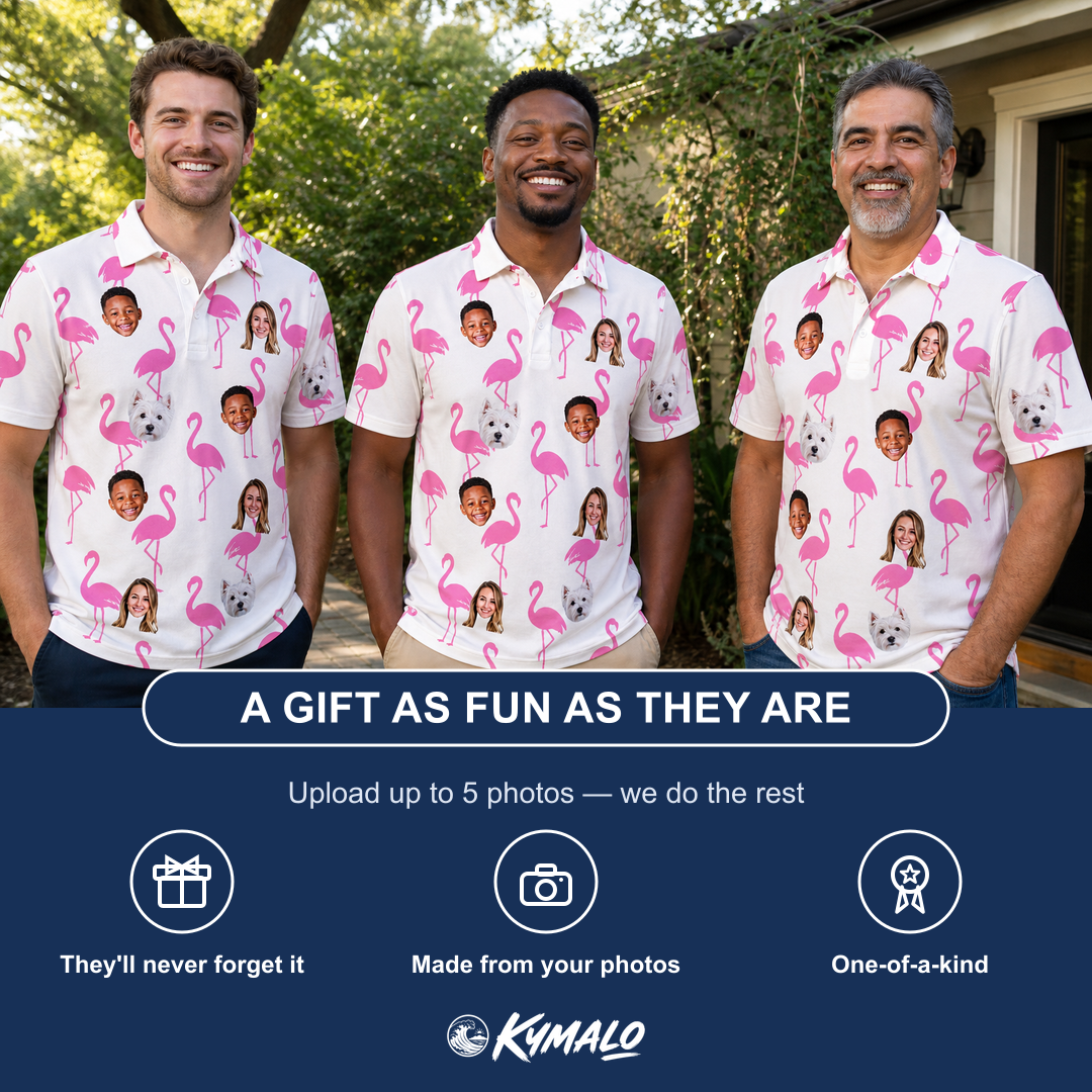 Friends in matching Men's Bubblegum Ballerinas Custom Face Polo Shirt — a group gift photo