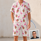 Man wearing Men's Bubblegum Ballerinas Custom Face Shirt & Shorts Set — custom faces printed all-over