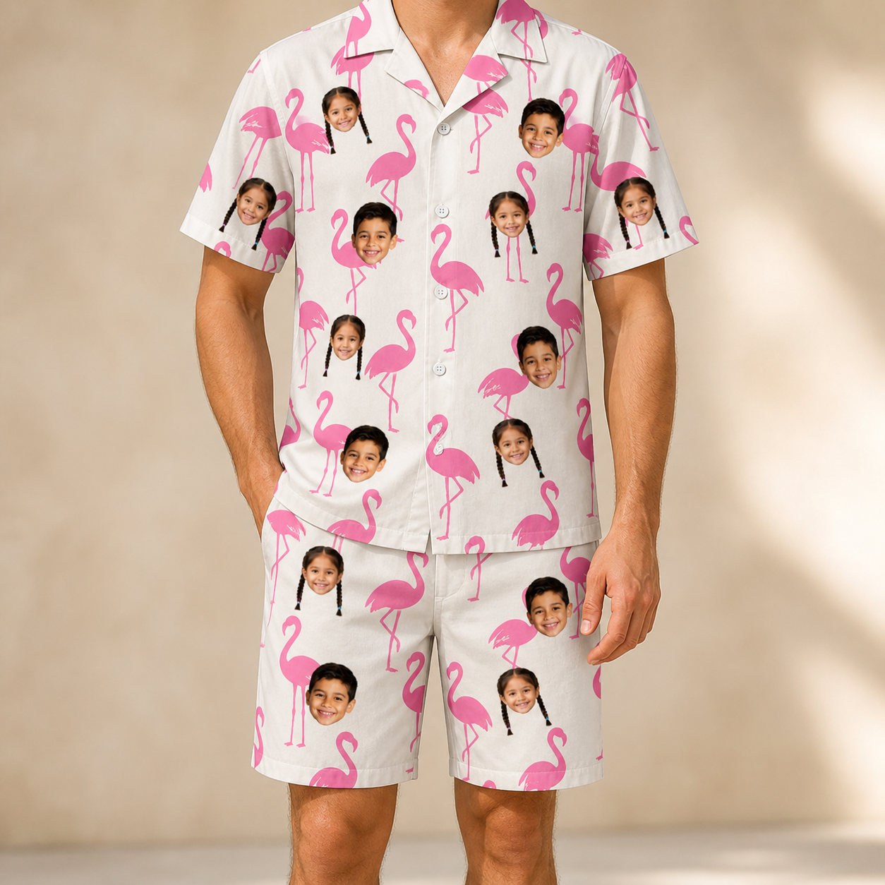 Model wearing Men's Bubblegum Ballerinas Custom Face Shirt & Shorts Set printed with kids' faces
