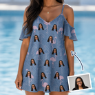 Woman wearing Women's Longneck Lollies Custom Face Off-Shoulder Dress — custom faces printed all-over