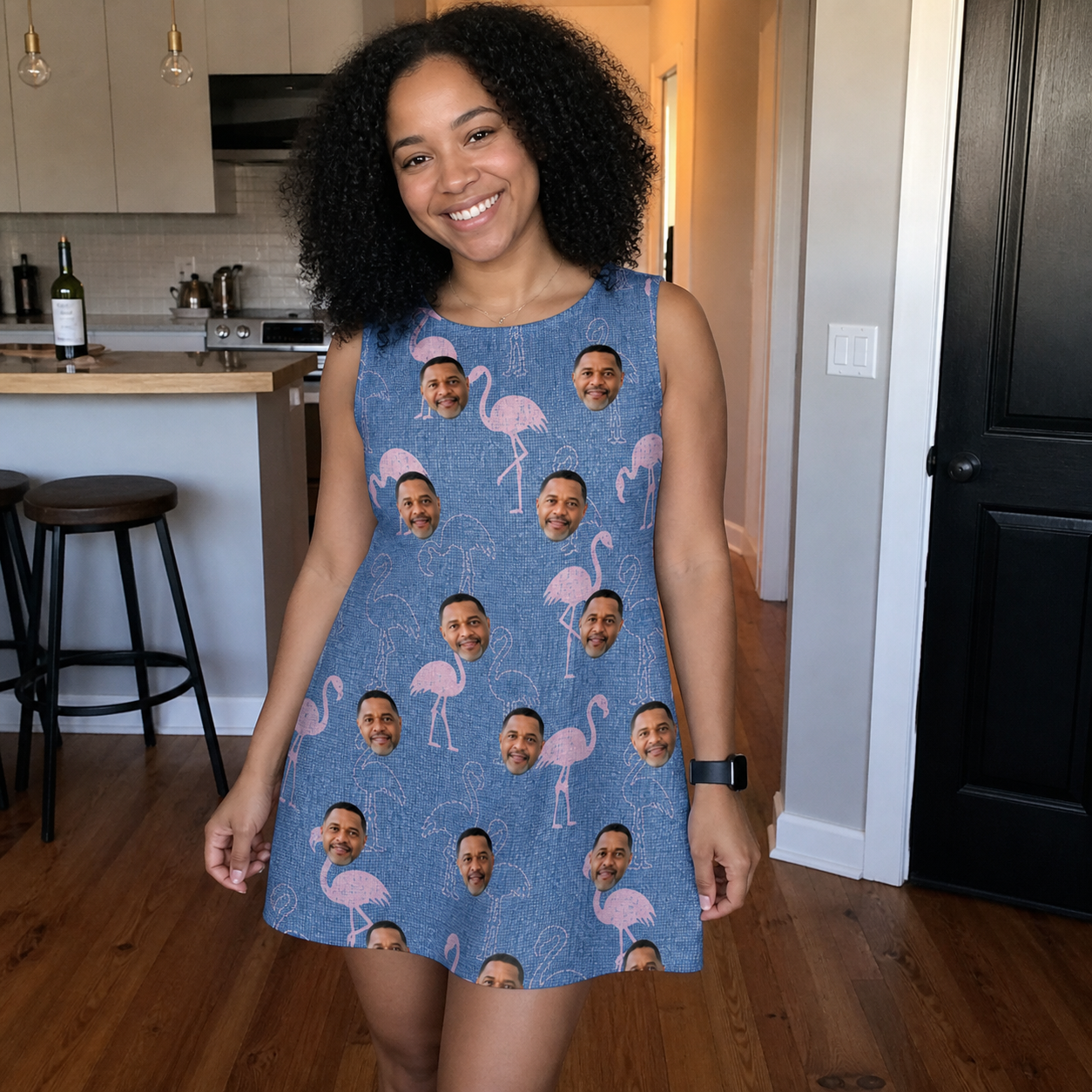 Real-life photo of someone wearing Women's Longneck Lollies Custom Face Tank Dress — custom faces printed all-over